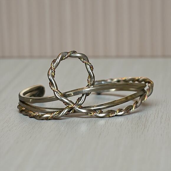 Twisted Wire Cuff Bracelet Silver Tone Two Tone Abstract Southwestern Style Loop - Picture 3 of 10